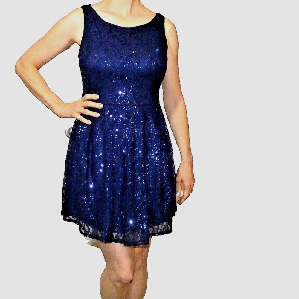 London Prom Dress Womens Size 4 Blue Mini Lace Sequins Bombshell Stylish UK